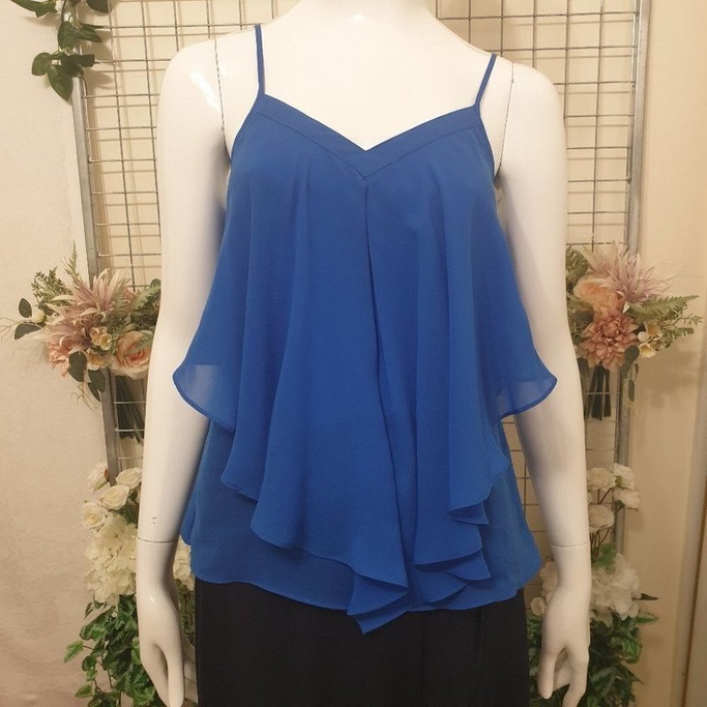 FOREVER NEW Blue V-Neck Layered Flowy Top AU-8 w/ Adjustable Spaghetti Straps - Picture 1 of 15